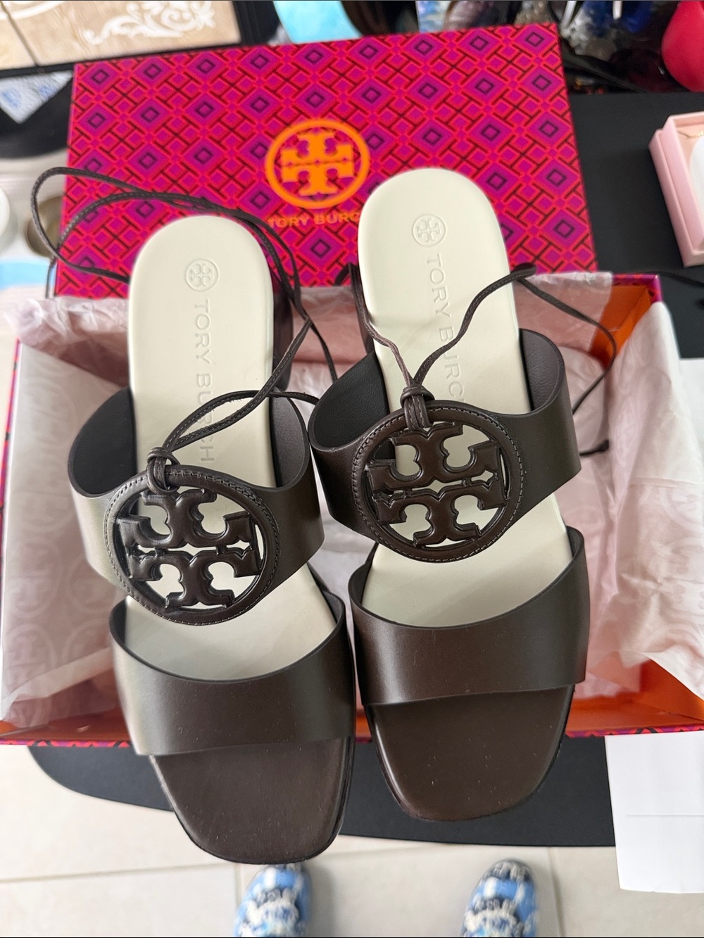 Tory Burch Dark Brown Leather Logo Slide Sandals